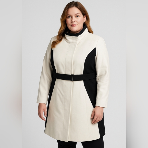BGSD Scarlett White & Black Wool Blend Coat Women’s XL Long Belted Jacket - Picture 1 of 10